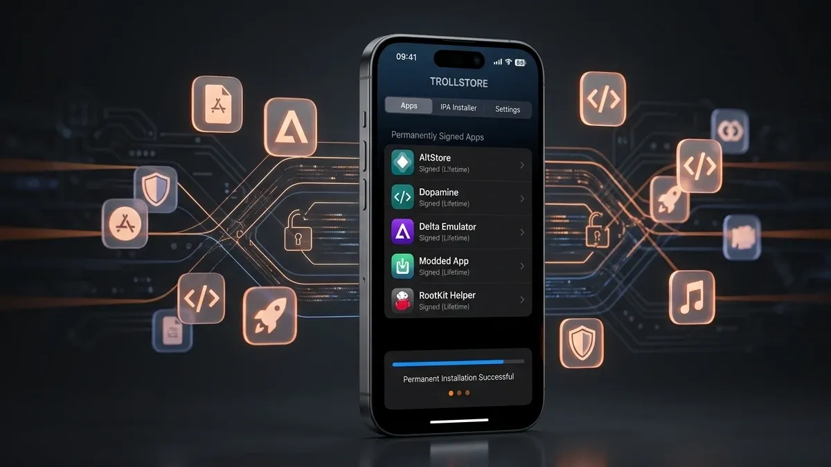 Modern iPhone displaying iOS sideloading methods including TrollStore, SideStore, AltStore, and LiveContainer in a futuristic tech illustration